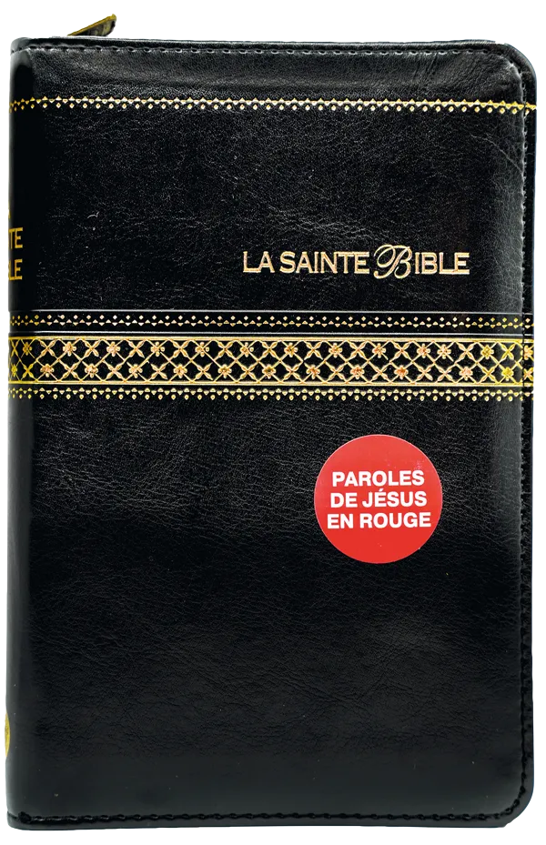 BIBLE SEGOND 1910 SIMILICUIR NOIR TRANCHE OR ZIP PAROLE DE JESUS EN ROUGE