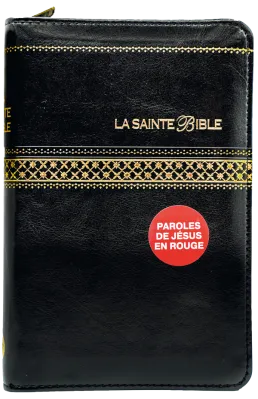 BIBLE SEGOND 1910 SIMILICUIR NOIR TRANCHE OR ZIP PAROLE DE JESUS EN ROUGE