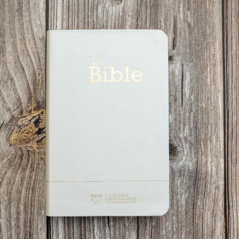 BIBLE SEGOND 21 COMPACTE "PREMIUM STYLE" SOUPLE TOILE BLANCHE NACREE AVEC ONGLETS TRANCHES DOREES