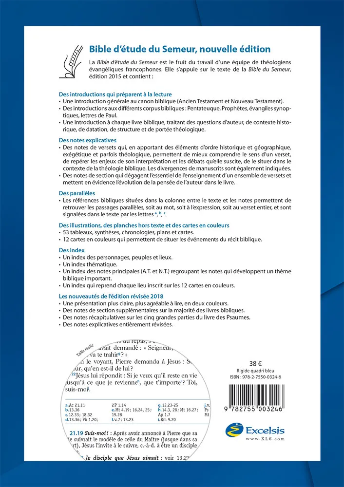 BIBLE SEMEUR 2015 ETUDE RIGIDE BLEU TRANCHE BLANCHE