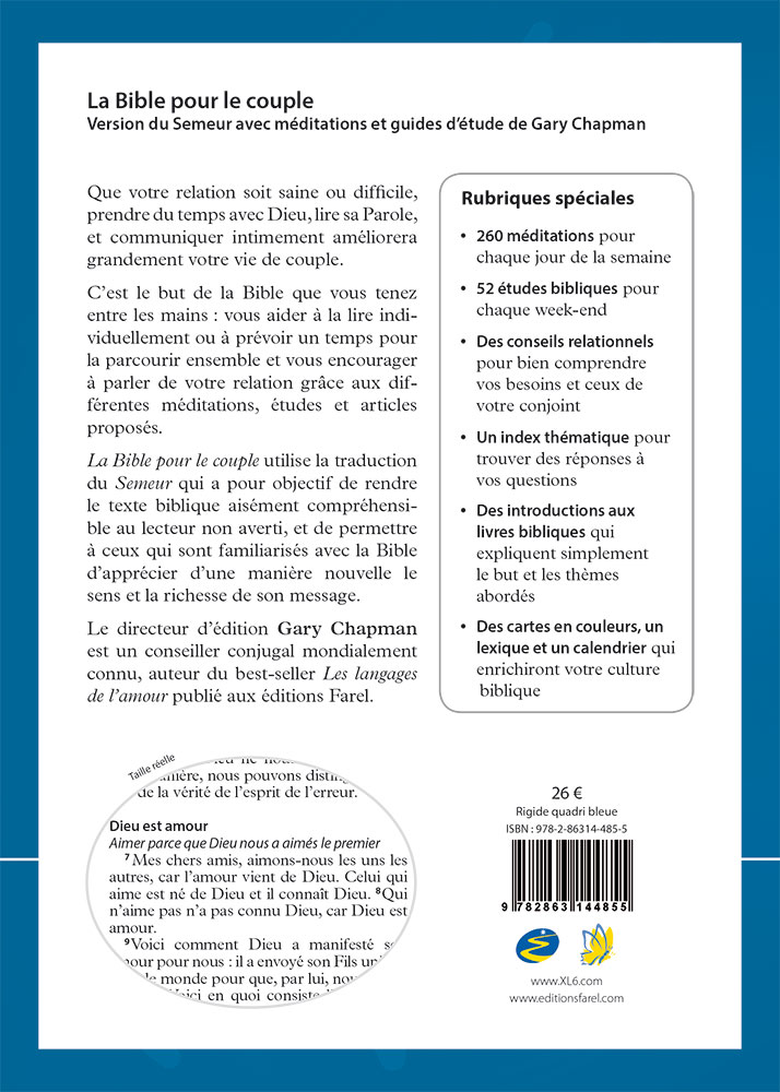 BIBLE POUR LE COUPLE SEMEUR 2015 RIGIDE BLEUE - MEDITATIONS ET GUIDE DE GARY CHAPMAN
