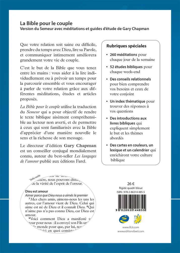 BIBLE POUR LE COUPLE SEMEUR 2015 RIGIDE BLEUE - MEDITATIONS ET GUIDE DE GARY CHAPMAN